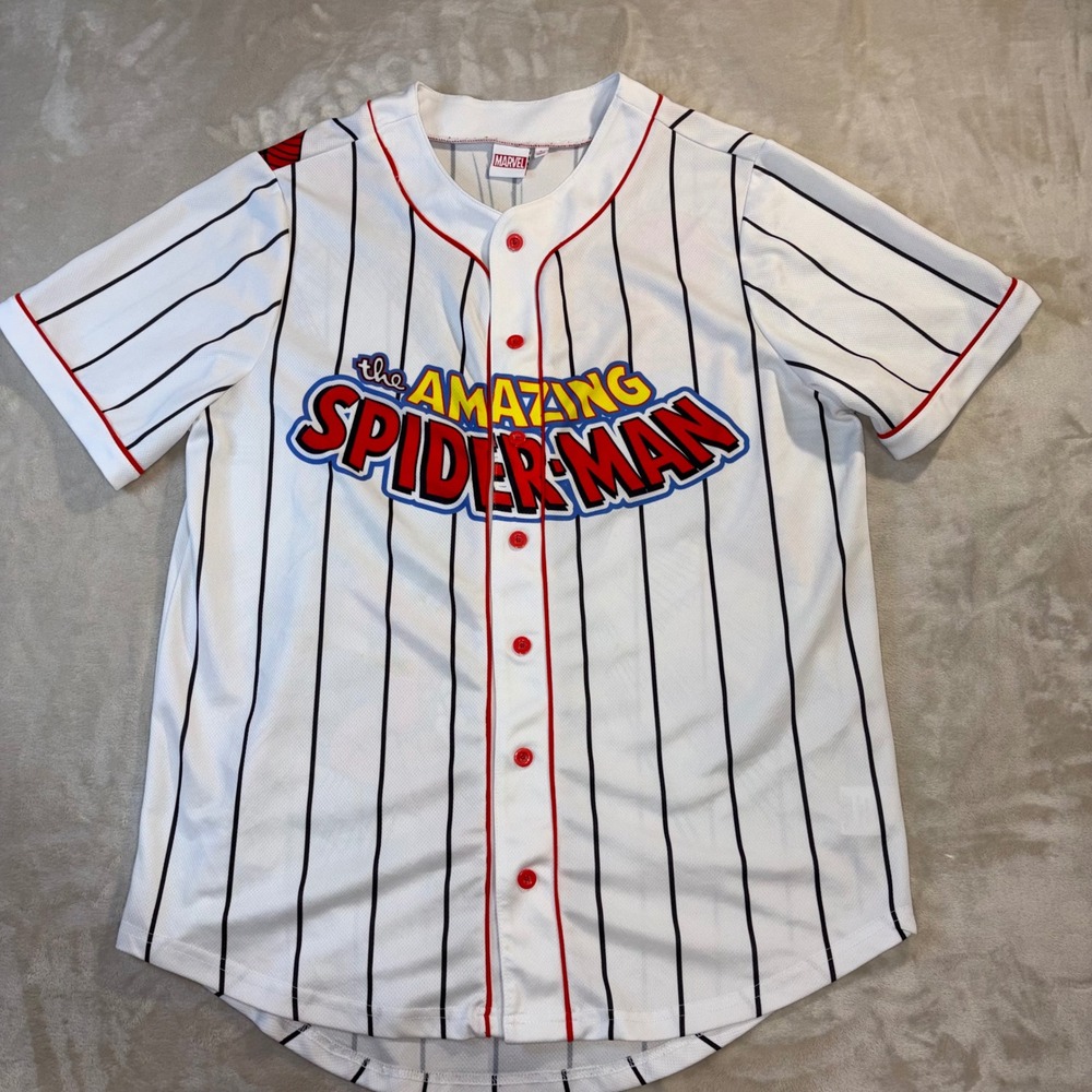 Marvel The Amazing Spider-Man Baseball Jersey Mens Large White Pinstripe Graphic